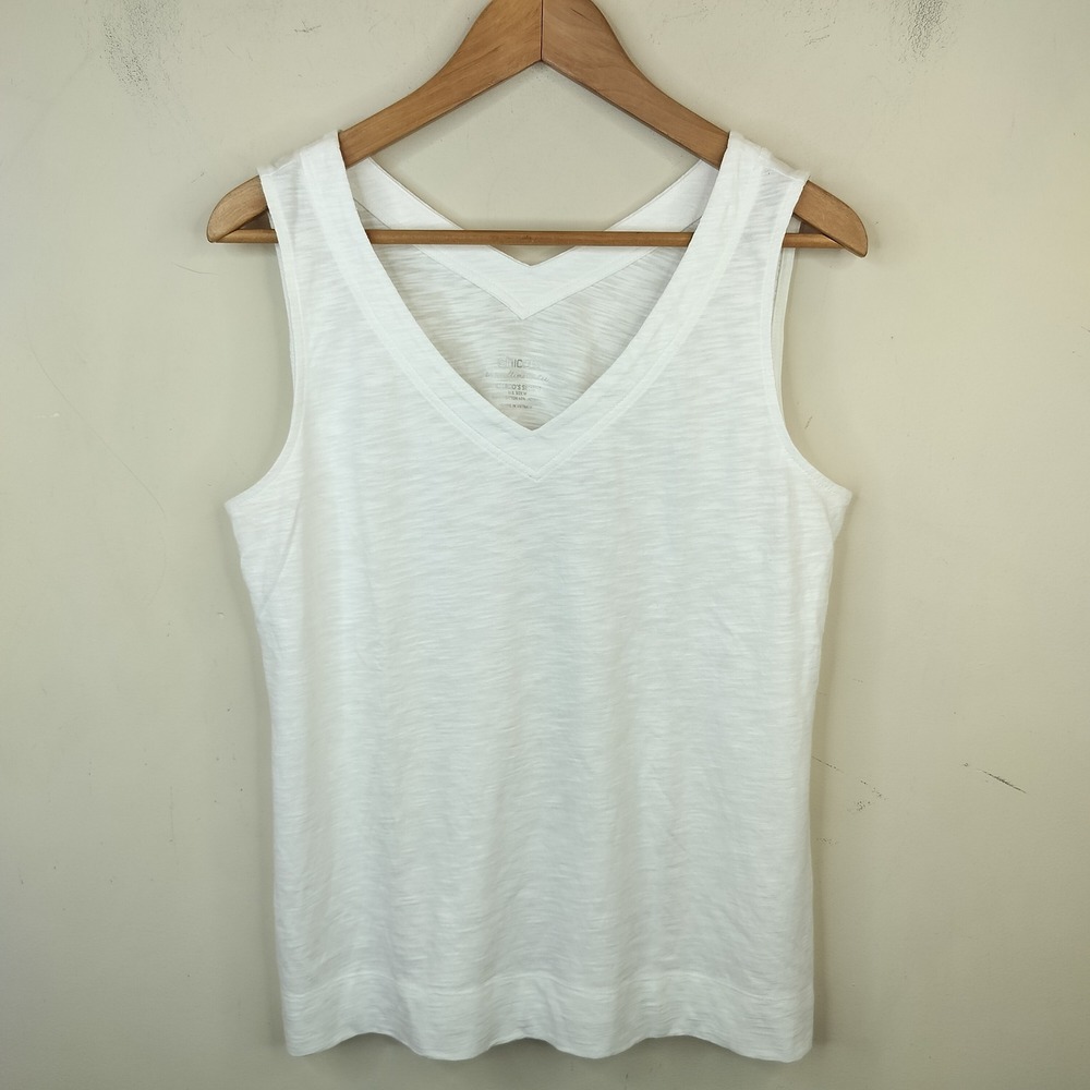 Chico's The Ultimate Tee Tank Top 1 / Medium V-Neck Slub Knit White Cotton